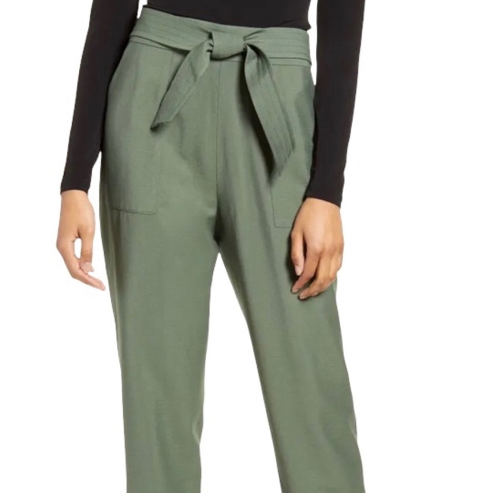 Leith Green High Waisted Tie Waist Utility Ankle Trouser Pants